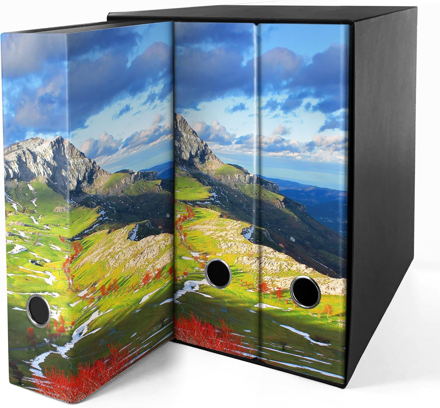 Set da 3 raccoglitori ad anelli - MONTAGNA con PRATI (H31 cm con 2 anelli)