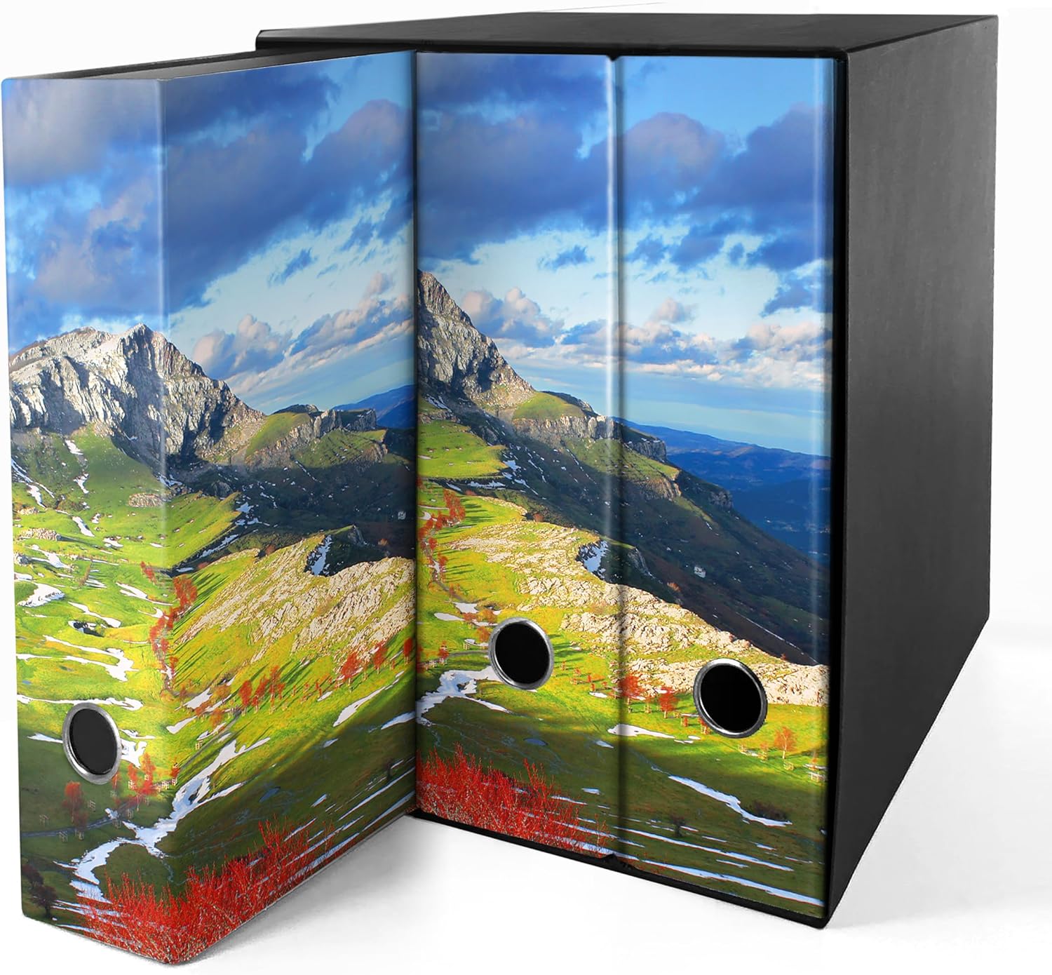 Set da 3 raccoglitori ad anelli - MONTAGNA con PRATI (H31 cm con 2 anelli)