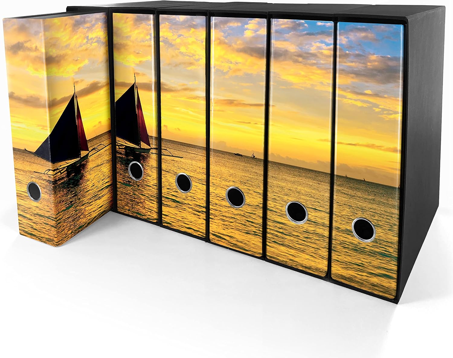 Set da 6 raccoglitori ad anelli - BARCA al TRAMONTO (H31 cm con 2 anelli)