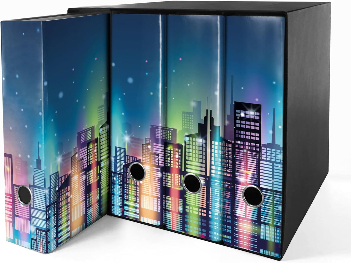 Shareprinting Set da 4 raccoglitori ad anelli - CITTA NOTTE (H31 cm con 2 anelli)